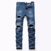 Joelho rasgado jeans homens magro cor denim calças marca designer fino ajuste hi-street homens angustiados corredores buracos lavados destruído291w