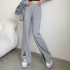 Causal Split Wide Leg Pants Women Summer Long Trousers Lace Up Stretch High Waisted Mujer Pantalones 6H295 210603