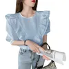 Rüschen O-Ausschnitt Baumwollhemd Mode weibliche Retro-Stil Schlankheitsbluse solide weiße süße Puffärmel Damenhemd 14062 210528