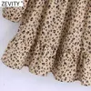 Zevity Women Vintage V Neck Leopard Print Hem Ruffles Mini Dress femme Puff Sleeve Pleat Ruffles Vestido Chic Dresses DS5073 210603