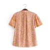 Spring Women Flower Printing Puff Sleeve Shirt Ethnic Style Smock Female Stand Collar Blouse Lady Loose Tops Blusas S8590 210430