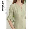 FANSILANEN Ruffle elegant green plaid dress Women v neck puff sleeve vintage midi Autumn winter slim sexy office 210607