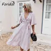 Foridol Lace Spliced Elegant Ladies Dress Women Flare Sleeve Purple Long Dress V Neck Casual Maxi Summer Dress Sundress 210415