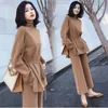 Women Spring Solid Knitting Sashes Turtleneck Pullovers Top + Wide Leg Pants Sets Knitted Sweaters Trousers Set 2 Pieces Outfits 210416