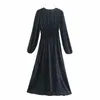 Schwarz bedrucktes langes Kleid Damen Puffärmel Vintage Midi Damen Saum vorne Schlitz gerafft lässig es 210519
