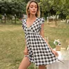 Surmiitro Sexy V Collo D Donna Estate Dress Summer Black Red Blue Plaid Ruffles Sundress Tunica Beach Party Sun Mini Dress Femmina 210712