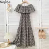 Neploe Women Summer Dresses off Ombro Chiffon Beach Dress Slash Neck Ruffled Slim Cintura Floral Vintage Femme Robe 210422