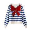 Luksusowy Design Damskie Rękawy Red Bow Stripe Loose T-Shirt Tee Jesień Dziewczyny Pullover Casual Tops Tees A4169 210428