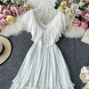Neploe Beach Style Elegant V-neck White Women Dresses Chic Ruffles Backless Big Swing Dress Summer Long Vestidos 210510