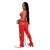 Women Two Piece Pants Sexy Slim Bandage Leather Elastic Irregular Tank Top Solid Lace Up Bodycon Split Long Pant Sets Clubwear