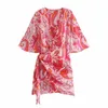 Za Summer Imprimer Femmes Robes À Manches Courtes Côté Plis Irrégulière Robe Rouge Femme Mode Wrap Ruching Vintage Robe De Plage 210602