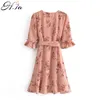 H.SA Mulheres Verão Verão com decote em V Ruffles Casual Mini Mini A-Linha Boho Praia Solta Vestido Rosa Sashes 210417