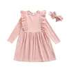 의류 세트 소녀 캐주얼 2 피스 의류 세트 핑크 스타 인쇄 패턴 긴 소매 드레스 및 머리 장식