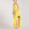 [Eam] Mulheres Amarelo Ruffles Irregular Atadura Vestido Neck Sem Mangas Loose Fit Moda Primavera Verão 1d7663 21512