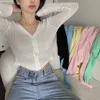 カーディガン女性韓国の長袖夏のクロップドニットVネック薄いアイスシルクセーター日焼け止めシャツトップス210529