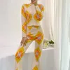 Cárdigan geométrico de manga larga de punto Vintage, paquete de mujer Sexy, pantalones acampanados a la cadera, pantalones Beige, suéter corto, conjunto de 2 piezas 210429