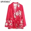 KPytomoa mulheres moda com cinto floral cópia blazer casaco vintage manga comprida welt bolsos feminino outerwear chique vestes 211019