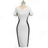 Nice-forever Brief Vintage Contrast Color Patchwork Work vestidos Business Party Bodycon Office Women Sheath Dress B495 210419