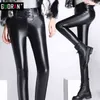 Thicken Winter PU faux leather pants women patchwork high waist button fly pencil pants female trousers legging Plus size 210412