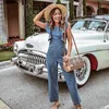 Sexy Backless Lace Up Jumpsuits Overalls Ruche Mouwloze Blue Denim Lange Broek Rits Wide Been Vintage Jumpsuits 210415