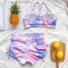 Tie-dye Green Sling with Padded Tops+Side Drawstring Shorts Swimsuit Summer Swimming Suit for Women Two Piece High Waist Bikini 210604