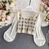 Western Style Girl Short Top Women Spring and Autumn French Fashion Hollow V-Neck Serd Puff Sleeve Skip069 210507