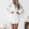 Hollow Out White Dress Sexy Women Mini Chiffon Semi-Sheer Checkered Dress Plunge V-Neck Long Sleeve Crochet Lace Dress Black