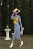 Robe longue à rayures bleues pour femmes, tunique à manches bouffantes, ligne A, découpée, haute couture, 210427