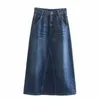 ZA High Waist Denim Midi Skirt Women Side Pockets Back Patch Pockets Vintage Spring Skirts Woman Front Zip Casual Dress 210602