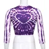 Tie Dye Heart Print Y2K Crop Top T-shirt Kvinnor Mode Ny O-Neck Tre Kvartär Ärme Harajuku Purple Tee Streetwear 210415