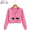 HSA Kvinnor Vinter V-Neck Söt hjärta Söt Sticka Knapp Ins Jacka Kawaii Chic Short Sweater Cardigan Coat till 210417