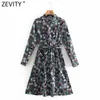 Zevity Women Vintage Stand Collar Floral Print Lace Up Kneeth Klänning Kontor Långärmad Vestido Casual Slim Dresses DS4789 210603