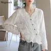 Floral Embroidery Cotton Blouse Women V Neck Button Up Shirt Solid Long Sleeve Casual Blouses Female Clothing 13332 210512