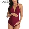 Moderskap badkläder en bit halter v neck graviditet monokini baddräkter gravid kvinna bikini baddräkt tankinis beachwear