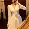 Elegant White Party Maxi Dress Woman Diamond V-neck High Waist Solid Vestidos Lady Long Sleeve Dresses Female Cloth 210603