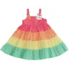 Meninas de verão desenhos animados vestidos arco-íris suspender vestido crianças versão coreana do vestido de thece splicing flor menina vestidos q0716
