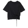 [EAM] femmes noir cordon irrégulier grande taille T-shirt col rond manches courtes mode printemps été 1DD6643 210512