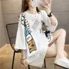 Blusas femininas de verão camisetas manga curta estampada fofa de algodão gola redonda solta com moda