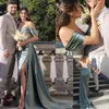 2022 Dusty Blue Off Shoulder Mermaid Prom Dresses Plus Size Arabic Side Split Evening wear Gown Long Formal Party Dress