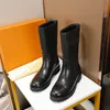 Dam DROPS Platta Mid Boots High Quality Luxurys Designers Casual Shoes Äkta läder Präglad LOGO Vattentät regnstövel Stor storlek 35-43