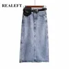 REALEFT été longue jupe en jean femmes Vintage haute Wasit jean avec ceinture droite a-ligne crayon femme 210629