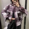 Streetwear Women Purple Plaid Shirts Fashion Ladies Turn Down Collar Tops Causal Female Chic Pocket Short Blouses 210430