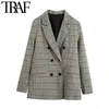 Kvinnor Mode Office Wear Double Breasted Check Blazer Coat Vintage Långärmade fickor Kvinnliga Ytterkläder Chic Toppar 210507