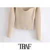 TRAF Women Fashion With Sweetheart Neck Cropped Knitted Sweater Vintage Long Sleeve Fitted Female Pullovers Chic Tops 211103
