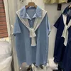 Mulheres Azul Azul Férias de Manga Curta Denim Saia Verão Solto Fino Médio Longo Striped Cape Vestido moda 16w976 210510