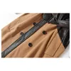 Primavera e verão moda casual patchwork couro windbreaker joelho comprimento lace up cintura khaki casaco mulheres sh644 210421