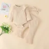 Baby Girls Clothing Set Ribbed Cotton Casual Outfits Long Sleeve Ruffled Collar Tops Romper Flared Pants Headbands Toddler Infant Suits M3932