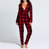 Women Jumpsuit Sexy Onesies One Piece Adults Sleepwear With BuFlap Plus Size Rompers Plaid V-neck Long Sleeve Pijama Overalls Wome265D