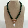 18 "12mm Green Tiger Eye Round Ketting Wit Keshi Pearl CZ Pave Gold Colr vergulde Hanger Ketting voor Vrouwen