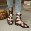 Sandálias Moda Roman Gladiator Women Summer Open Toe Genuine Leather Cross Anexos Cruzada Lace Up Saltos baixos Sapatos casuais Tamanho 34-40